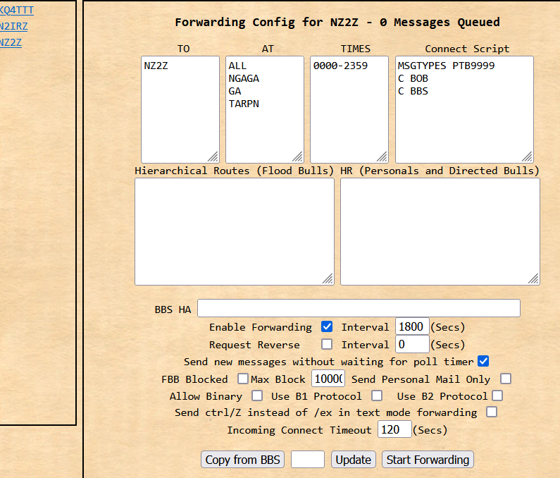 G8BPQ BBS Forwarding Configuration Page