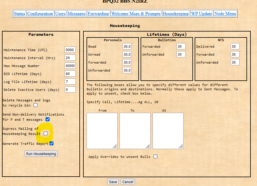 G8BPQ BBS Housekeeping Configuration Page