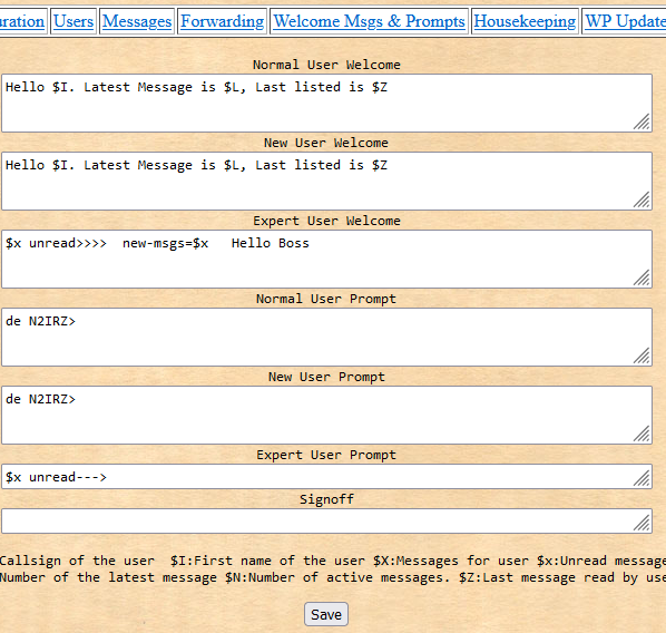 G8BPQ BBS Messages and Prompts Configuration Page