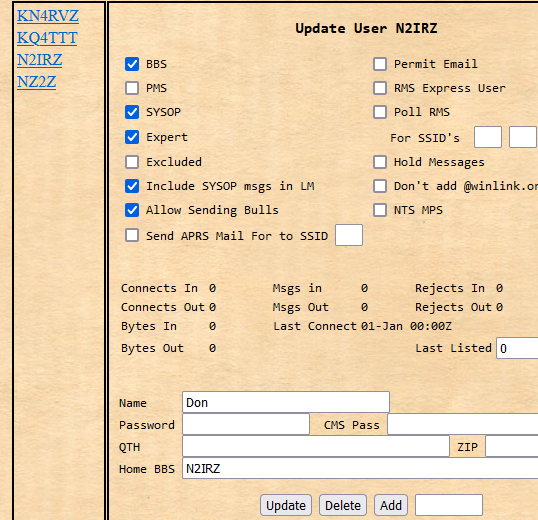 G8BPQ BBS Sysop Configuration Page