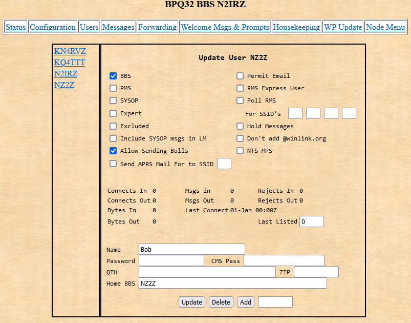 G8BPQ BBS User Configuration Page