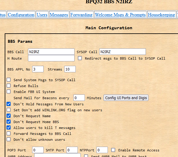 Main G8BPQ Configuration Page